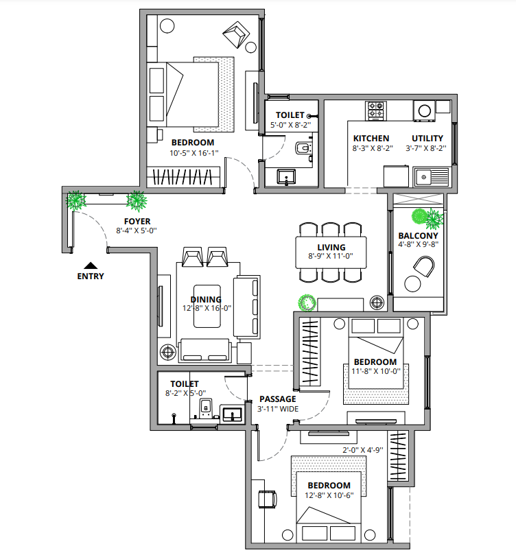 3 BHK Maison Elegance Layout Plan